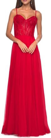 La Femme Chiffon and Lace Gown with Bustier Top in Red at Nordstrom, Size 12