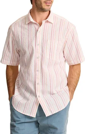 Tommy Bahama Nova Wave Silve Stripe Short Sleeve Seersucker Button-Up Shirt in Red Spark at Nordstrom, Size Xxx-Large