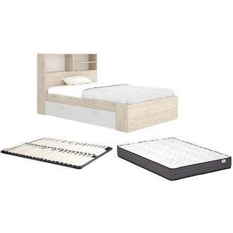 Vente-Unique Letto 120 x 190 cm Con vani portaoggetti Naturale e Bianco + Rete a doghe + Materasso - VARDIEL