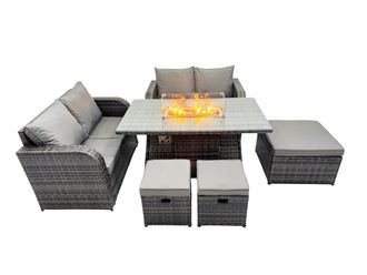 Fimous 7-seater Rattan Garden Furniture Dining Set with 3 Stools in Dark Grey