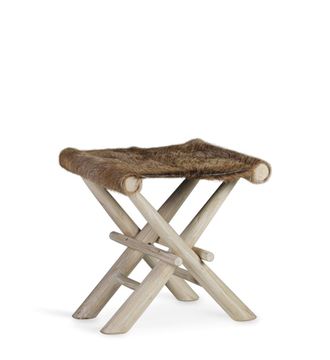 Moycor Taburete de madera de teca y piel natural beige y marr&oacute;n