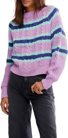 Free People Frankie Stripe Cable Stitch Cotton Sweater in Lilac Combo at Nordstrom, Size X-Large