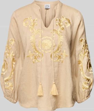 Emily van den Bergh Leinenbluse mit Motiv-Stitching und Quasten in Sand, Gr&ouml;&szlig;e 36