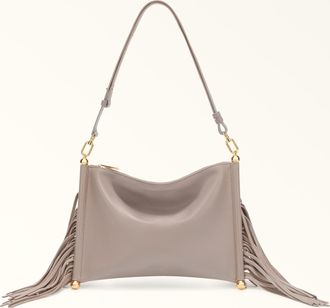 Furla Sfera Soft Shoulder Bag Toni Linen Nappa Leather + Suede Fringes Woman