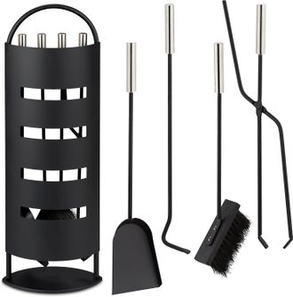 OEM Juego De Cubiertos Para Chimenea, 5 Piezas, Atizador, Pala Para Cenizas, Escoba, Pinzas Y Soporte, Negro/plateado