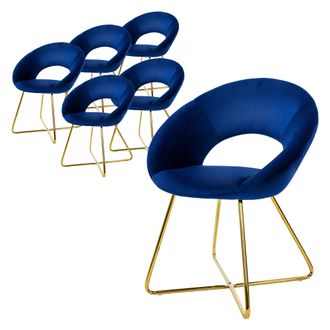 ML Design Ml-design Set 6x Silla De Comedor Azul Ergon&oacute;mica Asiento Tapizado Aspecto Terciopelo Patas De Metal Doradas Con Respaldo Redondo Y Reposabrazos Sill&oacute;