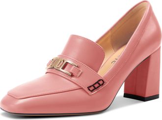 Castamere Womens Mid Block Heel Close Square Toe Slip-on Loafers Shoes Metal Buckle Office Casual Pumps Court Shoe 8 CM Shoes Peach Pink 5 UK