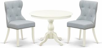 East West Furniture HBSI3-LWH-15 3 Piece Table Set - Linen White Small Kitchen Table and 2 Baby Blue Linen Fabric Dining Chairs Button Tufted Back with Nail Heads - Linen