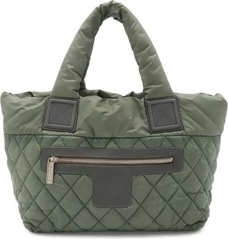 Chanel Green Khaki Nylon Leather Handbag Tote Bag (Pre-Owned)