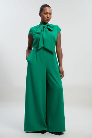 Karen Millen Womens Plus Size Compact Stretch Bow Tie Neck Tailored Wide Leg Jumpsuit - Emerald - Size 20 UK