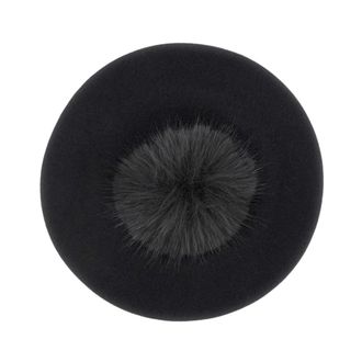 Borsalino Baret met Pels Pompom - Dames - Hoeden - Zwart - ONE Size - Wol - Accessoires