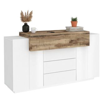 Dmora Aparador Moderno, Aparador De Dise&ntilde;o Con 3 Puertas Y 3 Cajones, Made In Italy, Mueble Para Tv, Buffet De Sal&oacute;n, 160x45h86 Cm, Blanco Brillante Y Color
