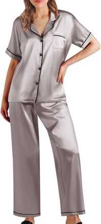 Generic lounge wear sets for women uk Pyjamas Soft Satin Nightwear Ladies Pyjama Classic Short Sleeve Tops and Pjs Trousers Bottoms Two Piece Sets Cosy Pajama