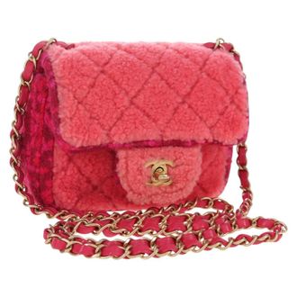 Chanel Vintage Square Classic Single Flap Quilted Shearling And Tweed Pink Canvas Handbag (Pre-Owned)
