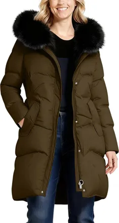 Generic Winter Jackets for Women Quilted Down Long-Lenght Puffer Coats Ladies Lightweight Zipper Waterproof Jacket with Fur Hood Winter Parka Coat Plus Size S