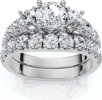 Pompeii3 1 3/4Ct 3-Stone Diamond Engagement Wedding Ring Set 14k Gold or Pt Lab Grown