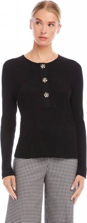 Karen Kane Landry Long Sleeve Ribbed Flower Button Detail Top In Black