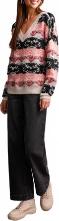 Tribal V Neck Sweater In Eggshell Multi