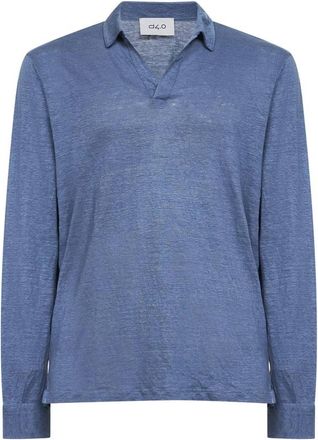 D4.0 V-hals Poloshirt met Lange Mouwen - Heren - Polos - Blauw - M - Linnen - Tops