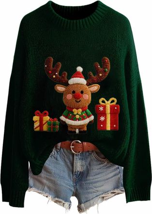 Generic Christmas Jumpers for Women UK Reindeer Cute 3D Printed Knitted Sweaters Ladies Xmas Jumpers Long Sleeve Winter Pullover Soft Comfortable Crew Neck Ju