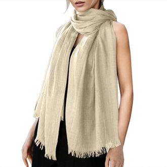 Generic Mens Plaid Scarf Womens Solid Color Cotton And Linen Scarf For All Season Beach Strip Scarf (Beige, One Size)