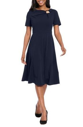 London Times Hardware Detail Short Sleeve Fit & Flare Midi Dress in Navy Blazer at Nordstrom Rack, Size 12P