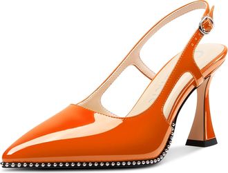 Castamere Womens Slingback Chunky High Heels Close Pointed Toe Dressy Pumps Wedding Party Shoes 9 CM Heels Orange 3.5 UK