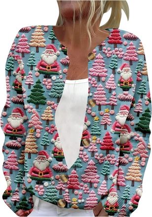 Generic Womens Floral Print Long Sleeve V-Neck Sweaters Christmas Cozy Lightweight Cardigans Personalised Christmas Casual Knitted Sweater Printed Cardigan Wa