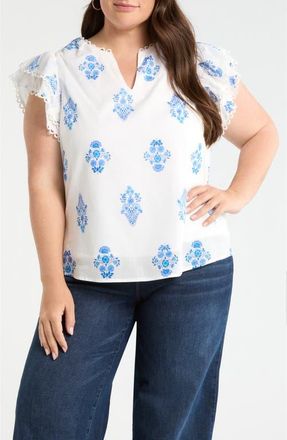 Sugarlips Yila Print Ruffle Sleeve Top in Wht-Blues at Nordstrom, Size 3 X