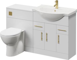 Alexander James Alexander James Cento Gloss White 1350mm 3 Door Vanity Unit Toilet Suite - 1350mm - Brushed Brass 96mm Bar HandleJames Toilet Pan and Seat