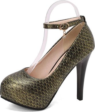 Generic Womens Stiletto High Heel Platform Pumps Ankle Strap Party Prom Shoes with Buckle Round Toe PU Leather Dress Shoes,Gold,10.5 UK