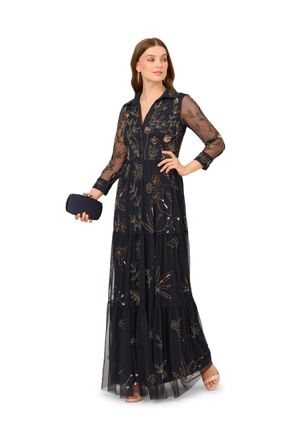 Adrianna Papell Womens Bead Mesh Long Dress - Blue - Size 18 UK
