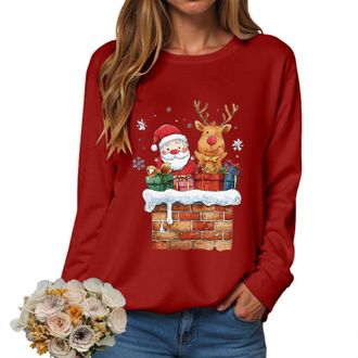 Generic Christmas Sweatshirts Women UK Xmas Top Ladies Merry Christmas Tree and Snowflake Printed Top Crewneck Long Sleeve Loose Fit Funny Reindeer Xmas Jumpe