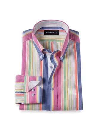 Paul Fredrick Tailored Fit Seersucker Stripe Dress Shirt With Contrast Trim