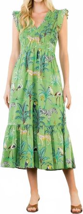 THML Clothing Flutter Sleeve Animal Print Maxi Dress In Green