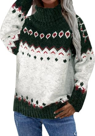 Generic Fairisle Jumper Women Winter Thick Polo Neck Knitted Jumpers Dressy Casual Pullover Turtleneck Sweaters Thermal Warm Fair Isle Sweater High Neck Knitw