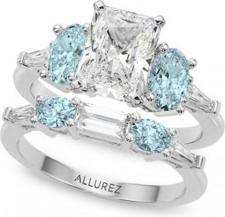 Allurez Radiant Lab Grown Diamond & Oval Aquamarine Bridal Set in Platinum (4.65ct)