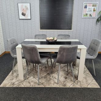 Kosy Koala Modern White & Black Dining Table Set With 6 Grey Velvet Chairs Dining Room Furniture | Size: 140 cm x 80 cm