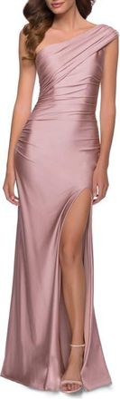 La Femme One Shoulder Shiny Ruched Jersey Dress with Slit in Mauve at Nordstrom, Size 16