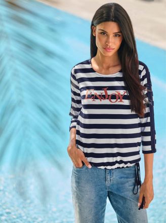 Heine 3/4-Arm-Shirt HEINE T-Shirt, Damen, Gr. 34, marine, wei&szlig;, geringelt, 95% Viskose, 5% Elasthan, bedruckt, gemustert, gestreift, mehrfarbig, Rundhals, S