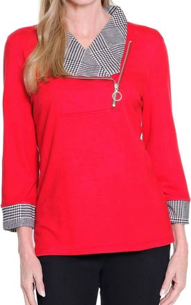 Multiples Plaid Cuffed 3/4 Sleeve Knit Top In Red