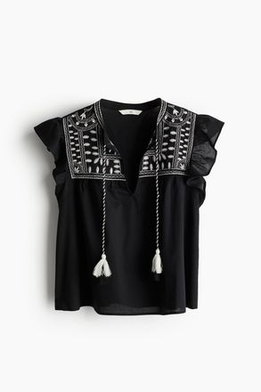 H&M Bestickte Baumwollbluse - Schwarz
