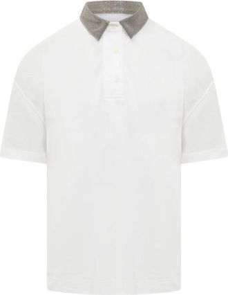 Brunello Cucinelli White Polo With Embellished Collar, Size Medium
