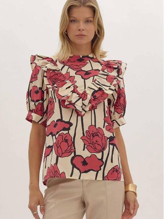 Entro Floral Ruffle Mock Neck Top In Red