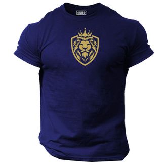 Generic King Lion T Shirt Gym Clothing Bodybuilding Training Workout Exercise Fitness Boxing MMA Tee Top (UK, Alpha, L, Regular, Regular, Navy Gold Print)