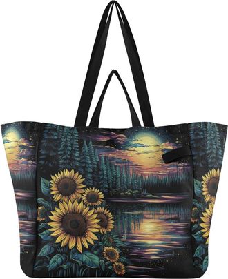 Generic Tree Yellow Sunflowers pattern Reusable Canvas Tote Bag, Heavy Duty Grocery Shopping Bag with Double Handles Large Capacity Hard Bottom Work Groceries
