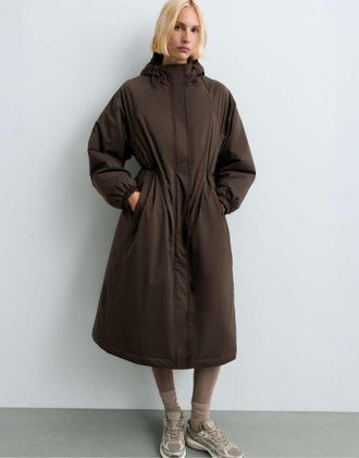 Oysho giacca imbottita lunga super extra-leggera impermeabile thindown 10k marrone