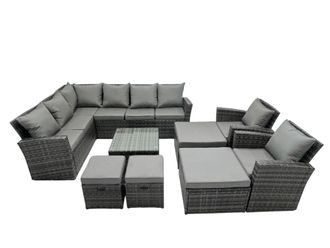 Fimous 12 Seat Poly Rattan Corner Sofa Set with 4 Stool 2 Chairs in Dark Grey