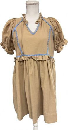Entro Womens V Neck Puff Sleeve Short Dress With Trim In Taupe