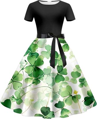 Generic Womens St. Patricks Day Dress Round Neck Short Sleeve Tops Dress FeminineDress Mid Waist Vintage St Patricks Day A-LineDress Four Leaf Clover Print No